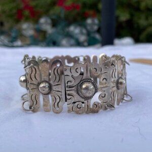 Vintage Mexican Sterling Silver Large 8 Glyph Panel Link Bracelet